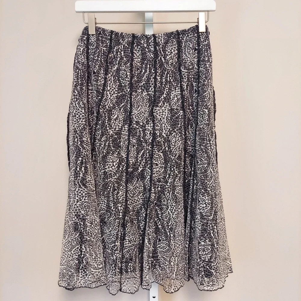 Coldwater Creek Black White Lace Midi‎ Skirt Elastic Waist L 14 Floral Paisley